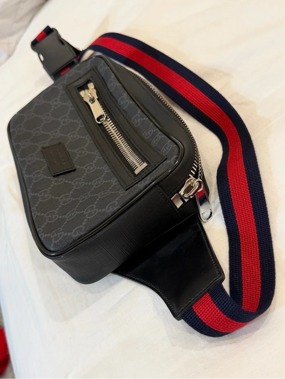 Gucci Black GG Supreme Belt Bag with Red and Navy Web Strap
